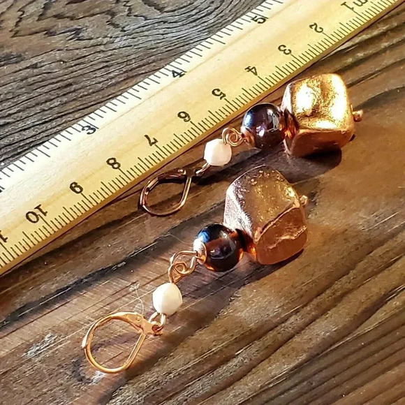 Striking Handcrafted Nepal Copper Dipped Baroque Brass Beads Earrings - Picture 5 of 7